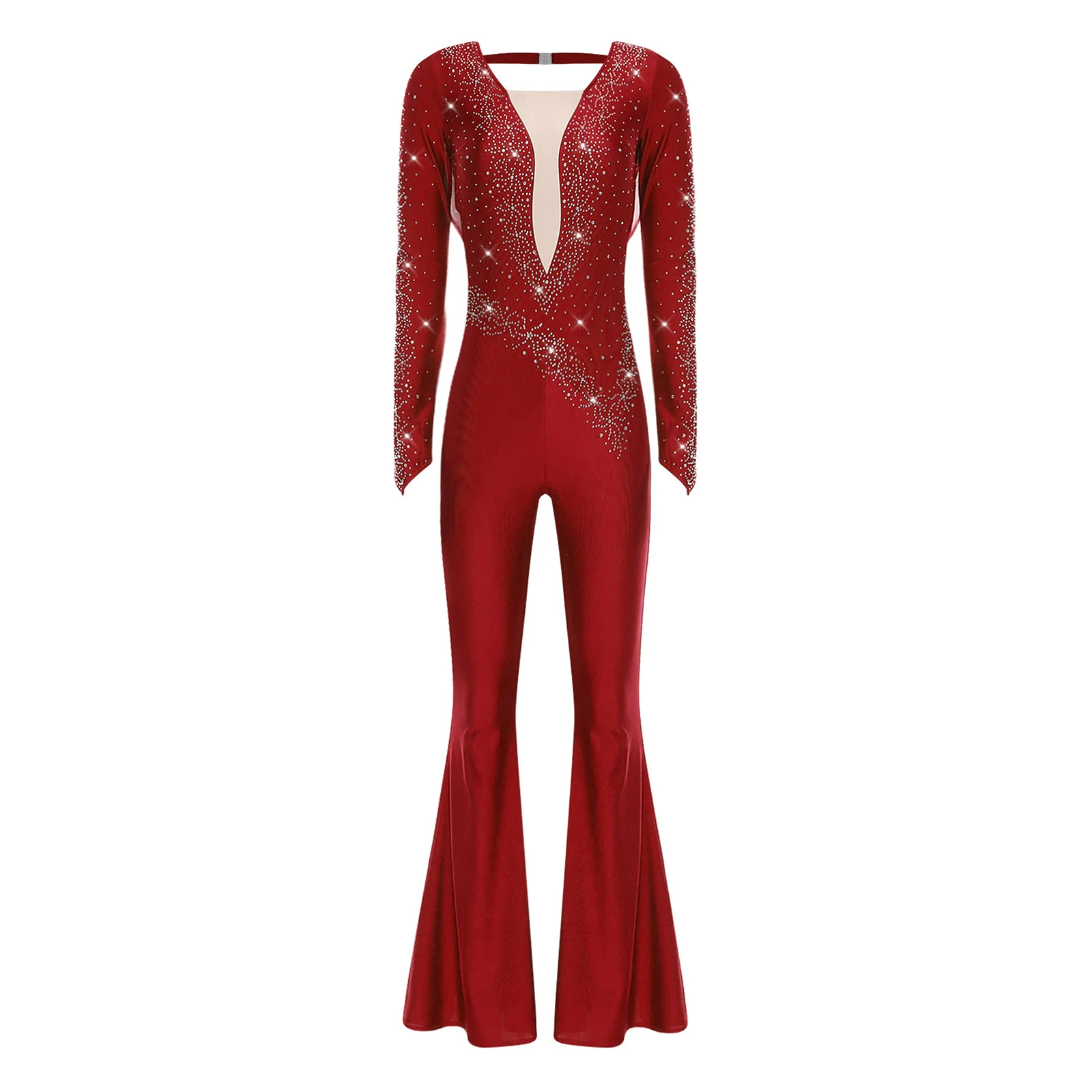 

Womens Latin Dance Rompers Glittery Rhinestone Long Sleeve Ruched Mesh Overlay Bell Bottom Long Pants Jumpsuit Cha-cha Dancewear