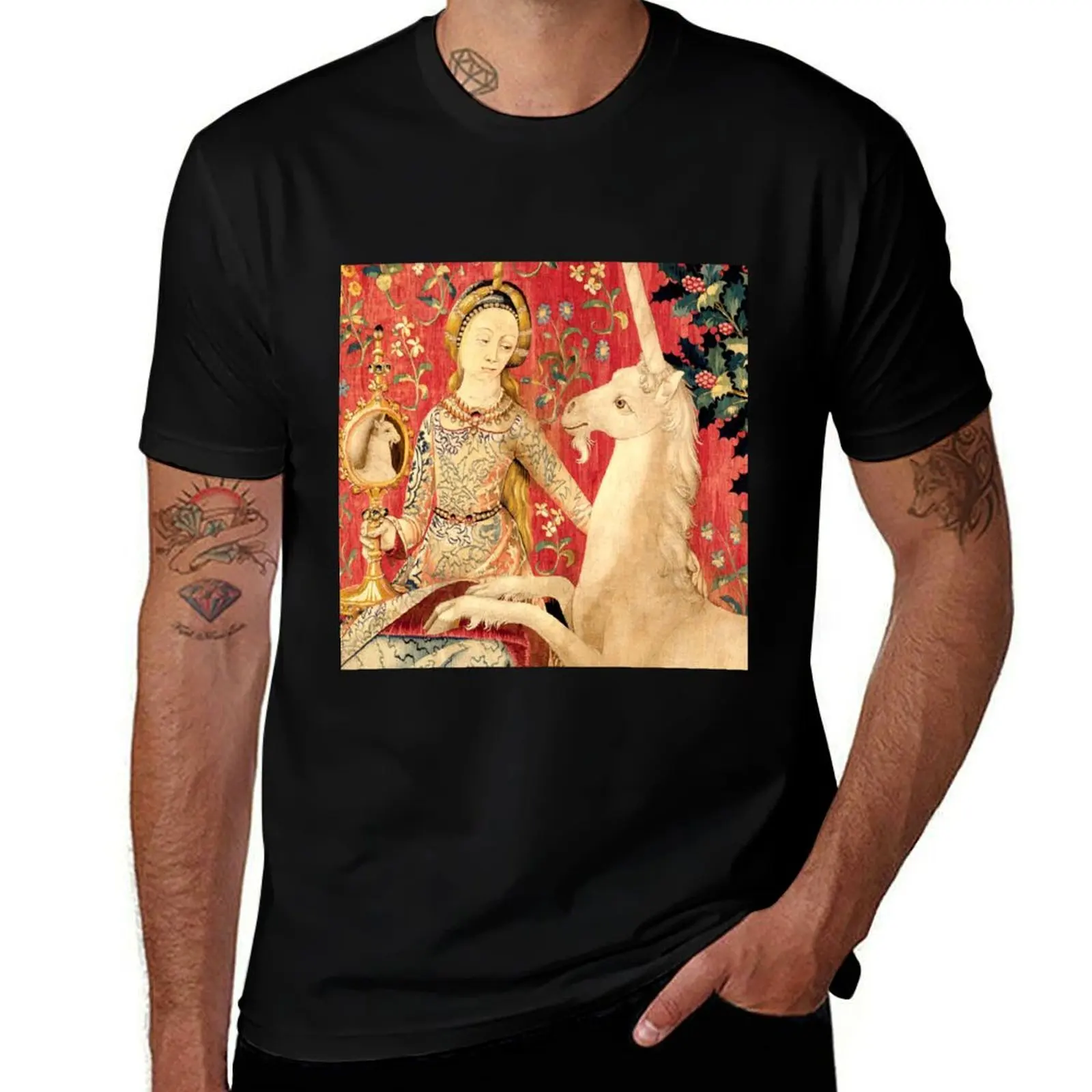 LADY AND UNICORN ,SIGHT Red Green Fantasy Flowers,Animals Detail T-Shirt Outdoor Work Short Sleeve Top