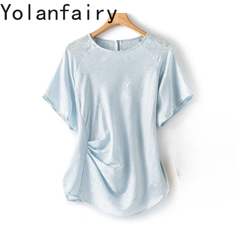 YOLANFAIRY Elegant 100% Real Mulberry Silk T Shirts Woman Summer Tops 2026 Fashion Jacquard Tshirt Women Clothing O-neck Tees
