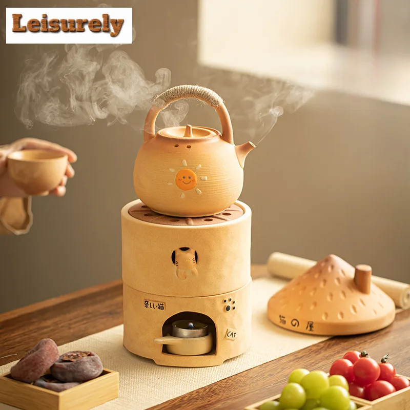 Cute Cat House Warm Tea Stove Charcoal Ceramic Candle Furnace Insulation Heating Base Boiling Water Kettle BBQ Holder Teaware