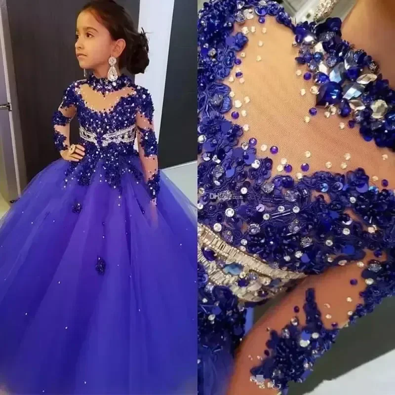 

Royal Blue Flower Girl Dresses Kids Beaded Princess Pageant Frock High Neck Long Sleeve Customized Birthday Wedding Party Gown