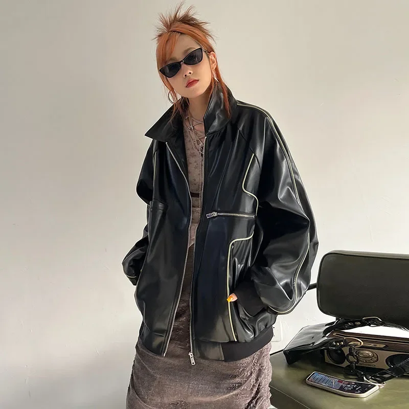 화이트 블랙 라이트 그린 가짜 PU 가죽 코트 루즈 스탠드 칼라 긴 소매 봄 가을 여성 streetwear 패션 바이커 자켓