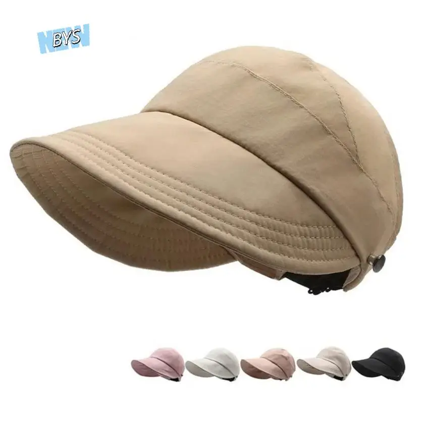 

Fashion Wide Brim Women Sun Hats Korea UV Protection Summer Ponytail Caps Adjustable Portable Beach Visor Caps Moisture