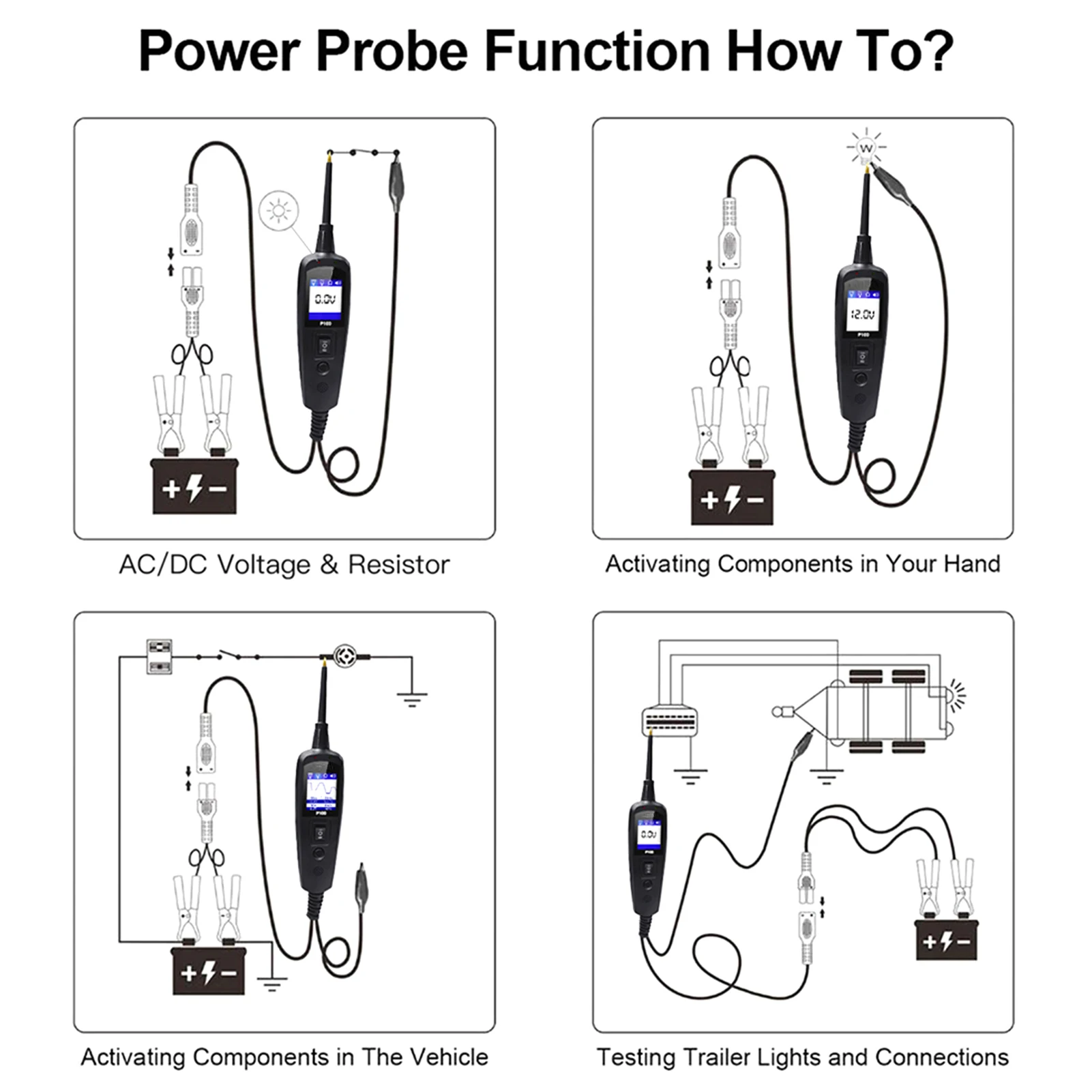 TopDiag P100 Automotive Electrical Sensors Circuit System Tester for Cars Trucks 0V-70V with TFT Color Display P100 Power Scan