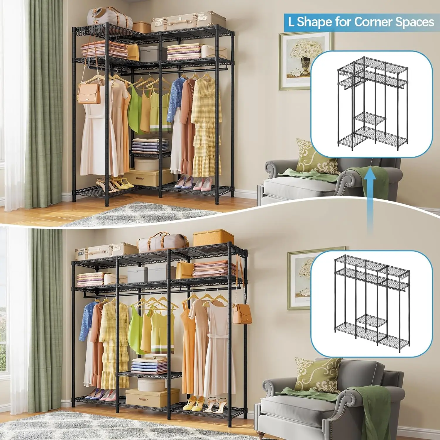 Garment Rack, Heavy Duty Clothes Rack with Adjustable Shelves & 2 Hang Rods