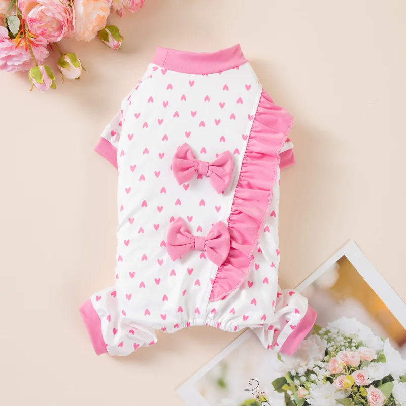 

Thin Cotton New Pet Dog Clothes Cute Pink Heart Bow Print Casual Jumpsuits For Small Medium Dog Puppy Outerdoor Home Clothing