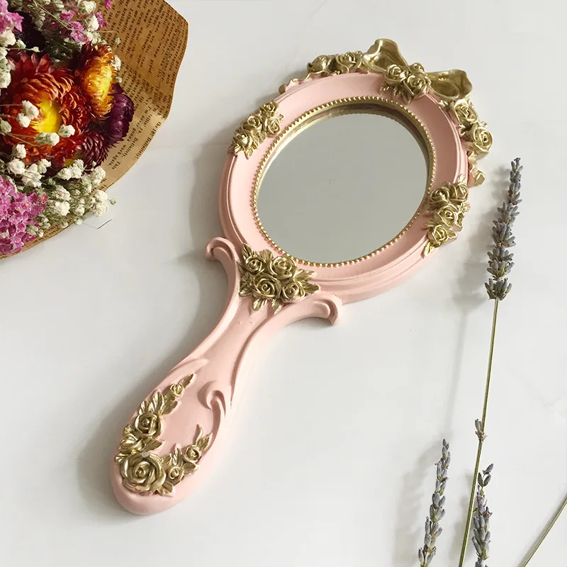 Rectangle Hand Hold Cosmetic Mirror with Handle Makeup Mirror Cute Creative Wooden Vintage Hand Mirrors Makeup Espelho 1Pc