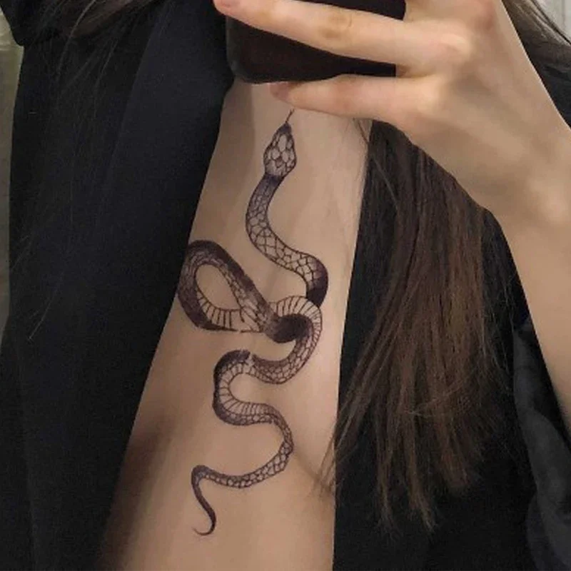 Pegatinas de tatuaje temporales de gran tamaño, tatuajes falsos impermeables de serpiente negra, arte corporal de brazo de clavícula, tatuaje de