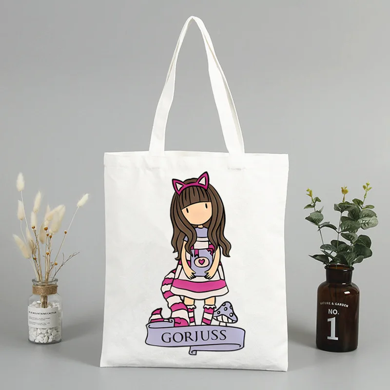

Women's Canvas Tote Shoulder Bag Cute Cartoon Girl Cat Ears Bowknot Camera Print Music Notes Pink Dress Girly Fashionable Daily