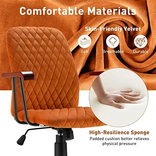 Silla de escritorio de oficina en casa naranja, silla giratoria ajustable vintage con ruedas y reposabrazos de cobre, silla de ocio de mediados de siglo,