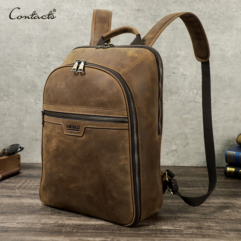 

NEW CONTACT'S Crazy Horse Leather Men Backpack Vintage Shoulder Bag for Man Large Capacity Travel Backpack for 16'' Laptop