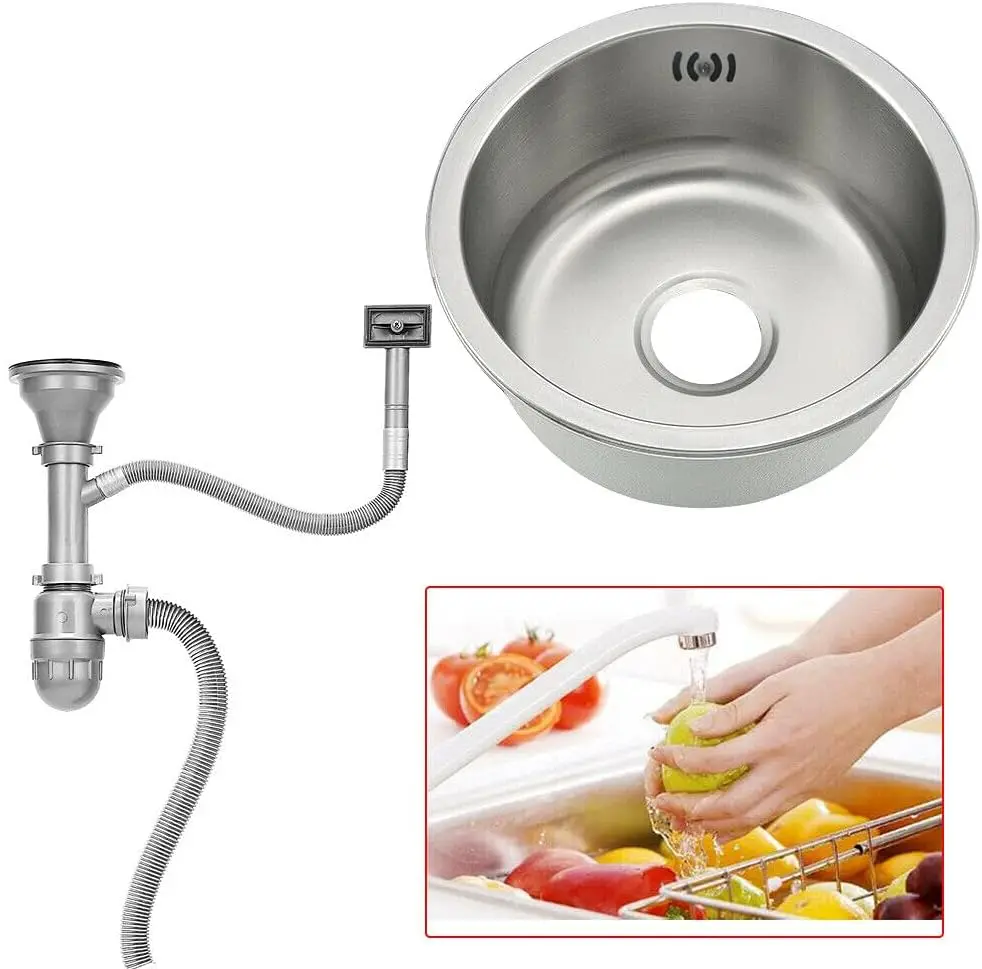 Round Sink Stainless Steel Camping Sink Diameter 41 cm Single Bowl Modern Sink Kitchen with Filter and Sewer System