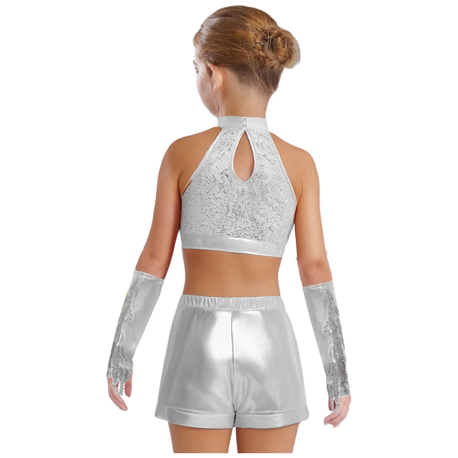 Girls Jazz Hip Hop Dance Outfits Metallic Sequin Crop Tops with Shorts Tassel Arm Sleeves Kids School Party Cheerleading Costume