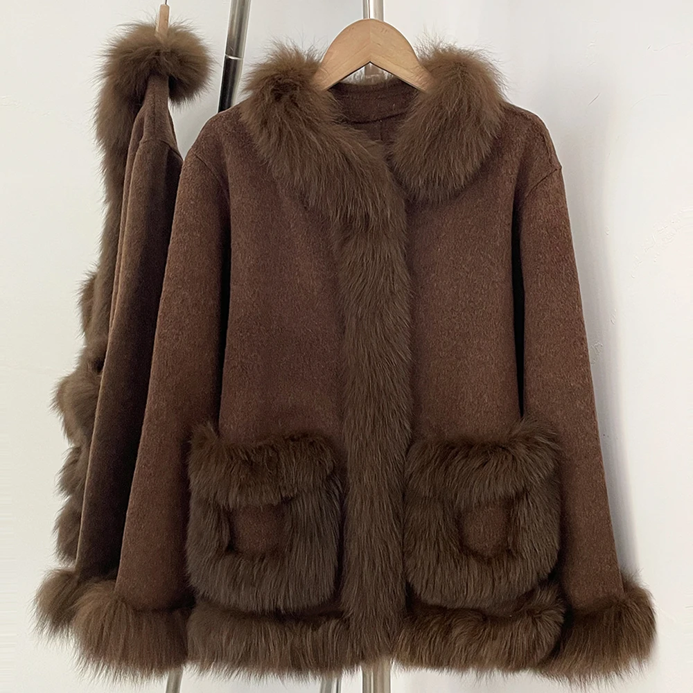 Women Medium Short 100% Pure Wool Coat Full Real Fox Fur Trim Collar Pockets Hem Woolen Jacket Winter Wool Outerwear Commuting