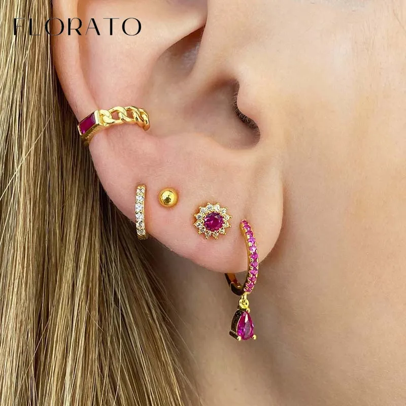 925 Sterling Silver Ear Needle Round Zircon Pendant Hoop Earrings/Crystal Colorful Stud Earrings For Women Fashion Party Jewelry