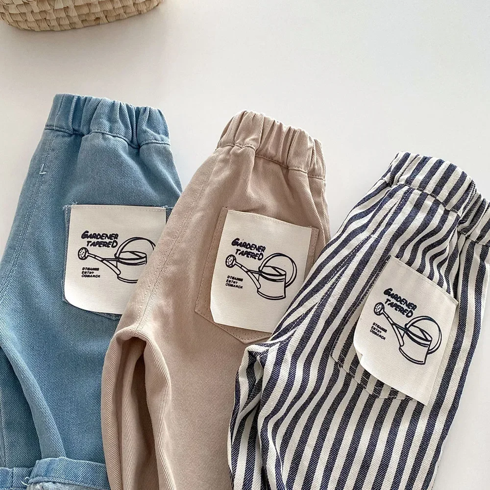 1-5Y Kids Jeans Stripe Denim Pants Loose Straight Patchwork Pocket Boys Trousers Mid Waist Kids Outfit Pants