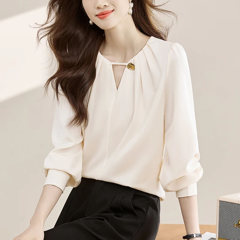 

Elegant Long Sleeve Chiffon Shirt Women Korean Style Chic V Neck Satin Blouse Female Clothes 2024 Spring Loose Blusas Top Mujer