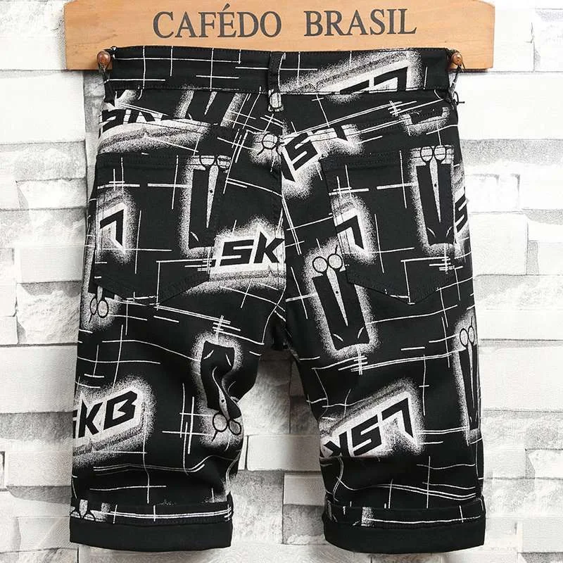 Summer New Fashion Trend Printed Retro Sports Straight Leg Denim Shorts for Men's Casual Loose Elastic High-Quality Jeans