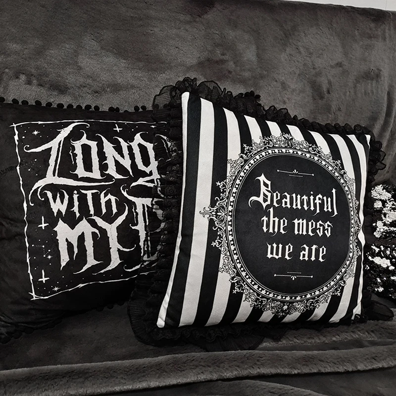 2PCS Dark Gothic Lolita Y2k Velvet Pillow With Pillow Core Two layers of Lace Edges Fluffy Soft Throw Pillow Home Party Cushion