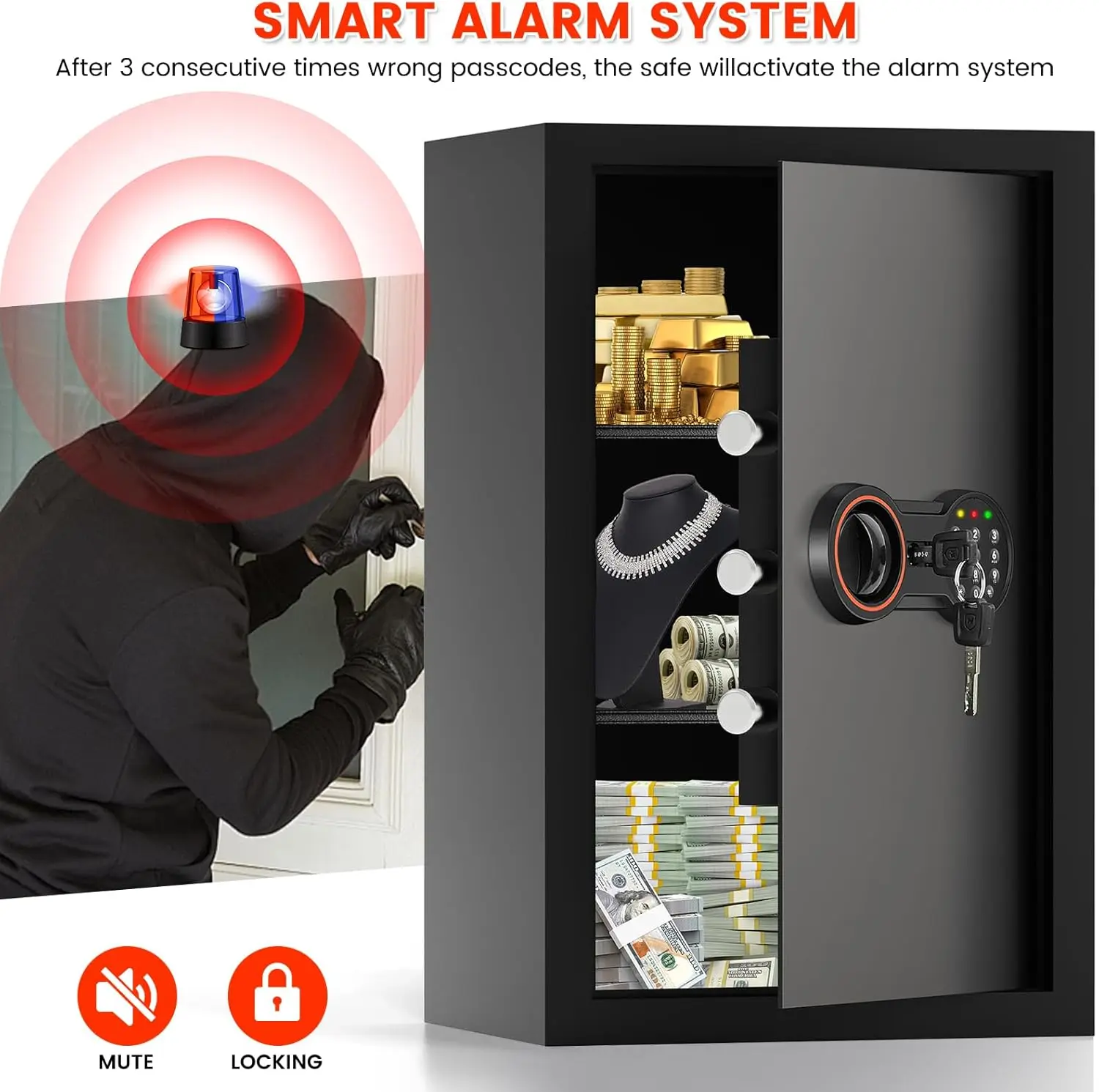 5.0 Cub Large Safe for Home, Digital Security Safe Box with Combination Lock, Removable Shelf and Alarm System, Anti-Theft Docum