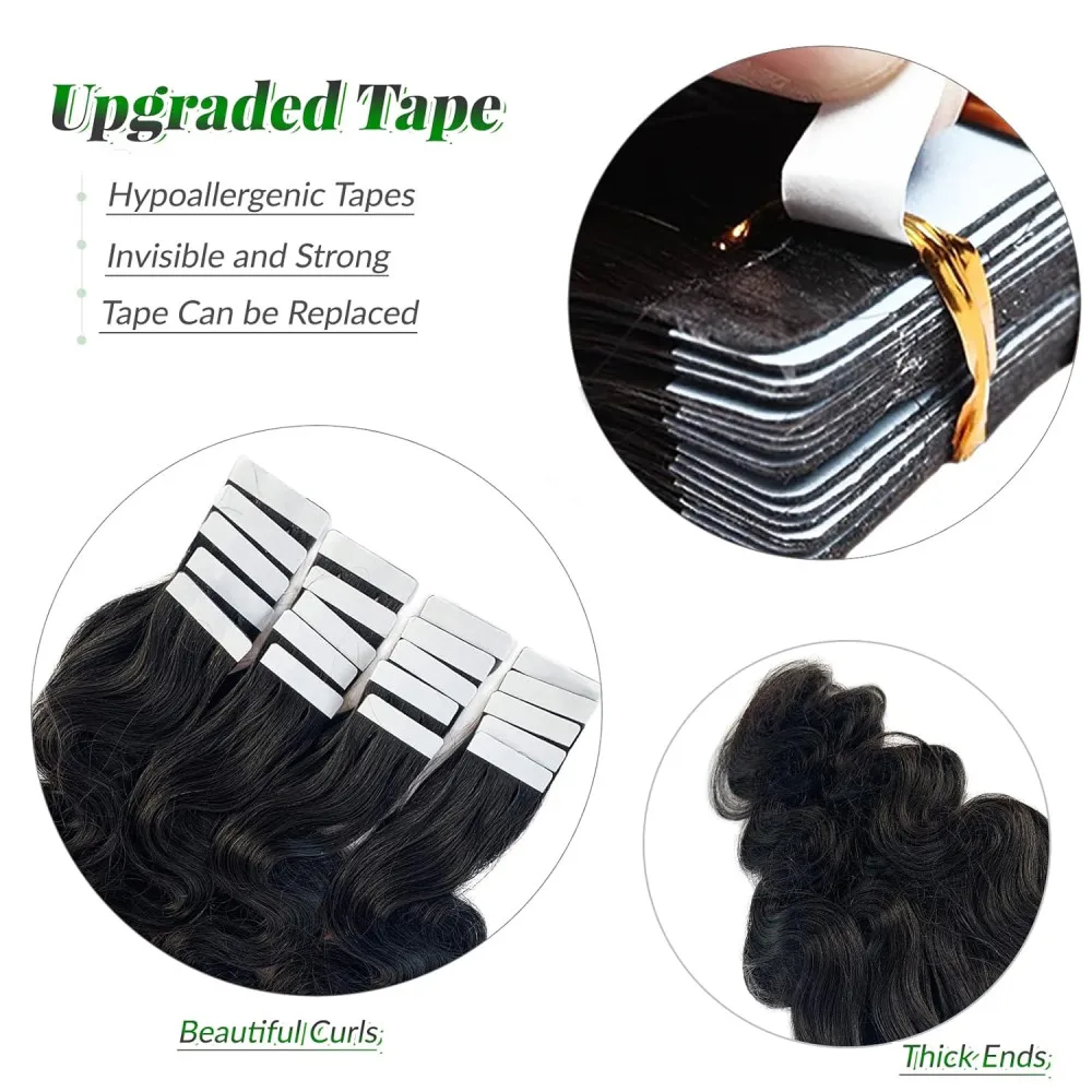 Tape In Hair Extensions Human Hair Natural Black #1B Body Wave 100% Human Hair Extensions For Woman Adhesive Seamless Invisible