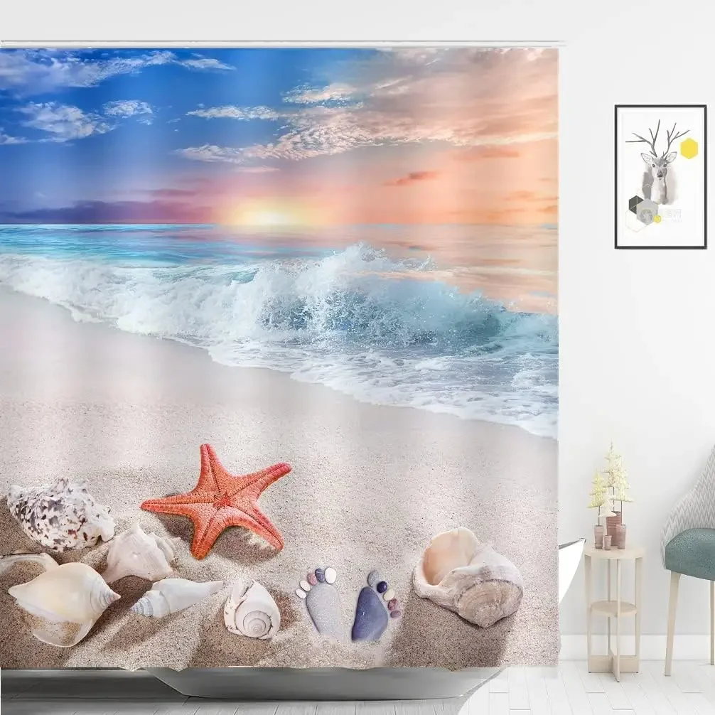 Summer Ocean Beach Shower Curtain Seaside Seacoast Beachy Waves Bathtub Decor Seascape Waterproof Polyester Fabric with Hooks