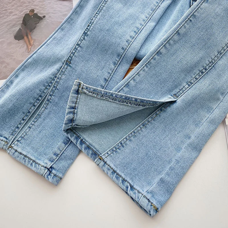 High Waist Bell Bottom Jeans Women's Slimming Elastic Fashion High Street Split Design Cotton Pure Color Tight Fit Jeans