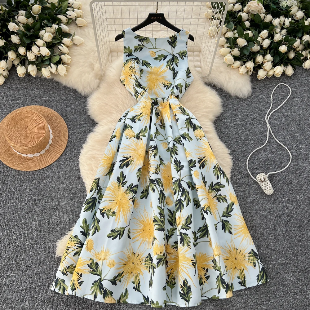 High Quality Sunflower Print Sleeveless Vest Long Dress Elegant Flower Jacquard Draped Slim Ball Gown Party Dress for Women