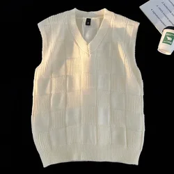 New Retro Men's Knitted Vest Autumn and Winter Loose Vest V-neck Pullover Jacquard Sleeveless Knitwear Fashion Must-have