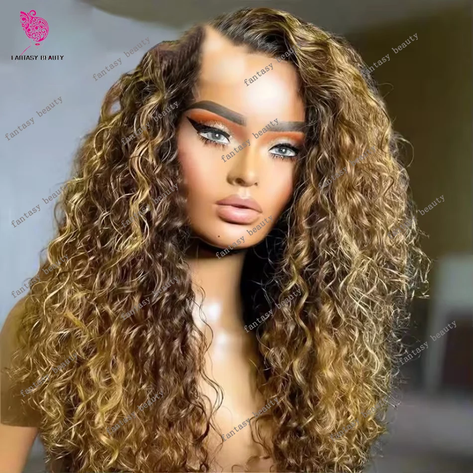 

Парик с V-образным пробором Ombre Ash Honey Blonde, 100% натуральные волосы, свободные локоны, с каштаново-коричневыми прядями, легкая установка, U-образная форма, полный объем, плотность 250%