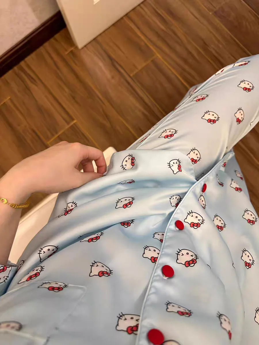 Blue Hello Kitty Cute Cartoon Pajamas For Women In Spring And Autumn, Silky Long Sleeved Casual 2 Pcs Pimamas Home Suit Set