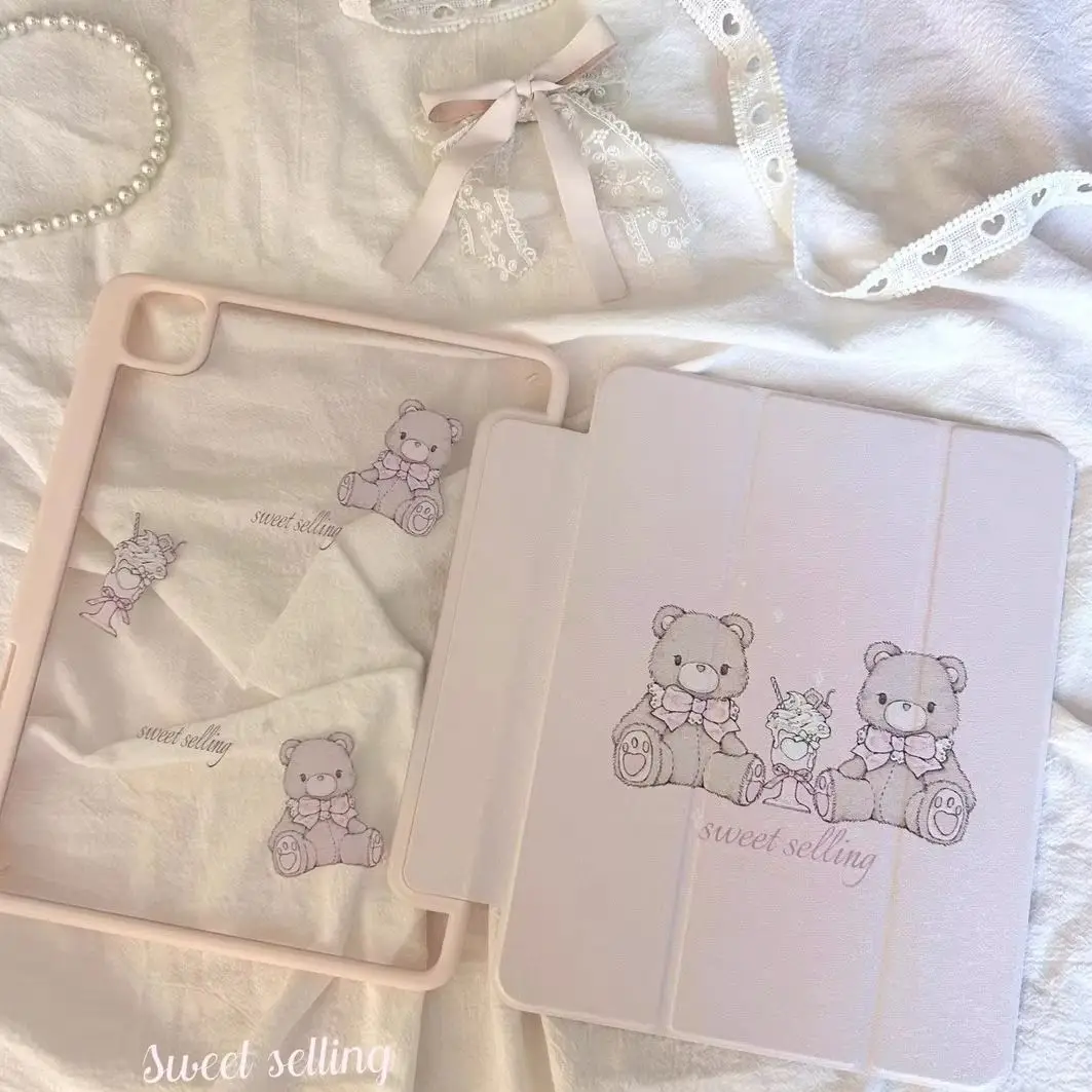 Korean Kawaii Bear New Tablet Case For iPad Pro 11 12.9in 13 M4 9.7 10.2 5/6th 7/8/9 10 11th MINI 6 7 Air 5 6 7 Trifold Case
