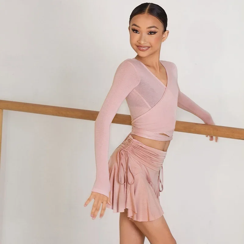 新しいチャチャ-ルンバ-タンゴ子供ラテン服ラテンダンストップス女の子のための多色長袖練習服