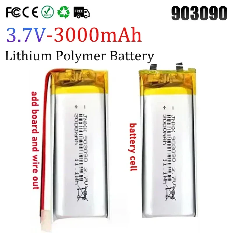 903090 3.7V Rechargeable Polymer Lithium Battery 3000mAh Suitable for Solar Lamp Small Speaker Cervical Spine Heater Massager