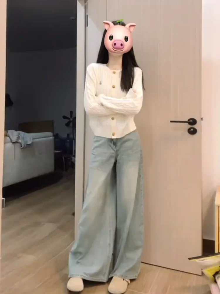 Light Wash Wide Leg Jeans Women's Loose Fitting Autumn Winter Long Pants High Waist Button Closure Denim Skinnifying Trousers