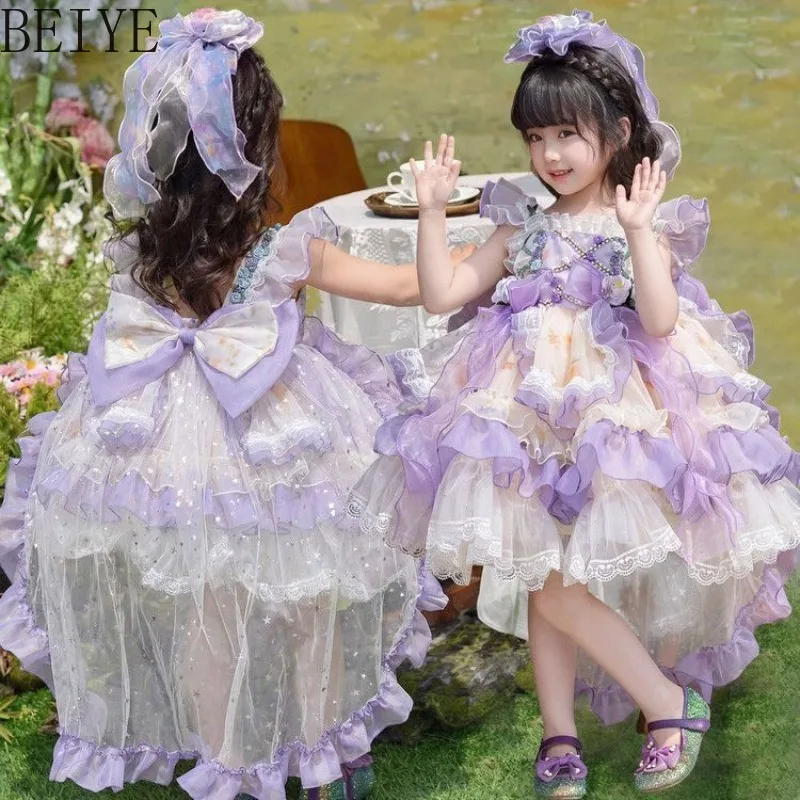 

Kids Purple Lolita Dress for Girls Floral Ruffles Tulle Princess Dress with Trailing Children's Tail Birthday Party Ball Gown