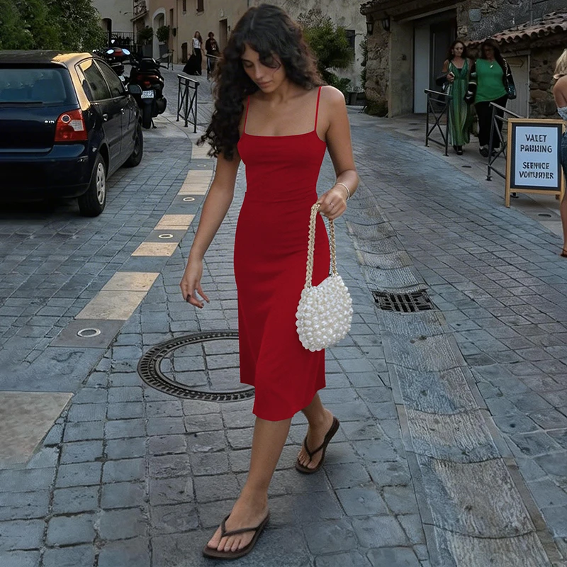 Hugcitar Damen-Kleid, elegant, einfarbig, sexy Midikleid, ärmellos, rückenfrei, Sommerkleidung, Geburtstagsfeier, Urlaub – Detail 33