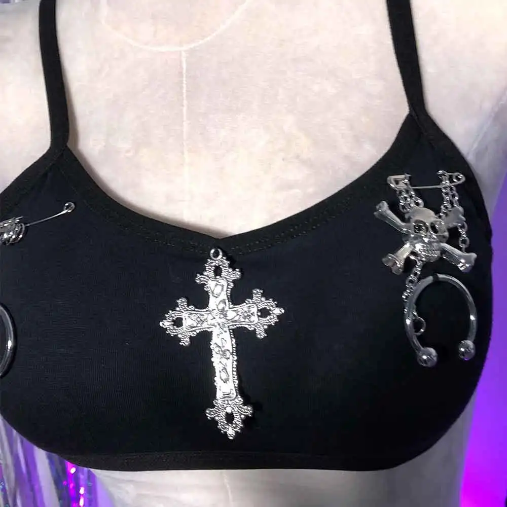 Harajuku Gotico E-Girls Teschio Goth Y2K Halter Canotta TOP Trendy Club Wear Eco anni '90 Punk Rock Emo Fai da te Kawaii Grunge Cross