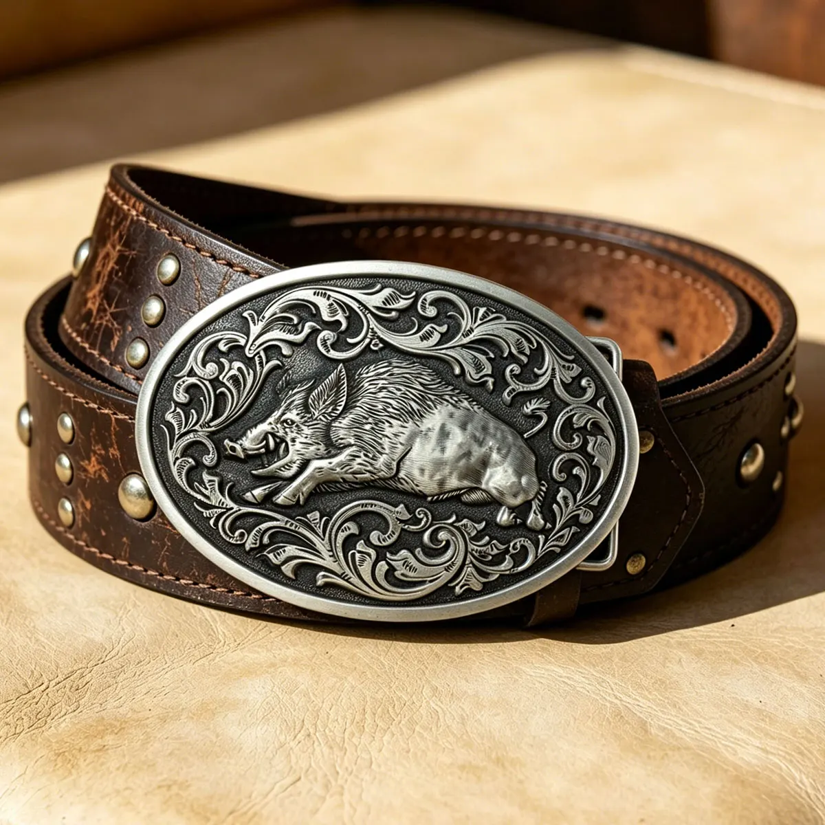 Retro Western Cowboy Style Oval Wild Boar Embossed Belt Buckle for Men Fashionable Leather Accessory
