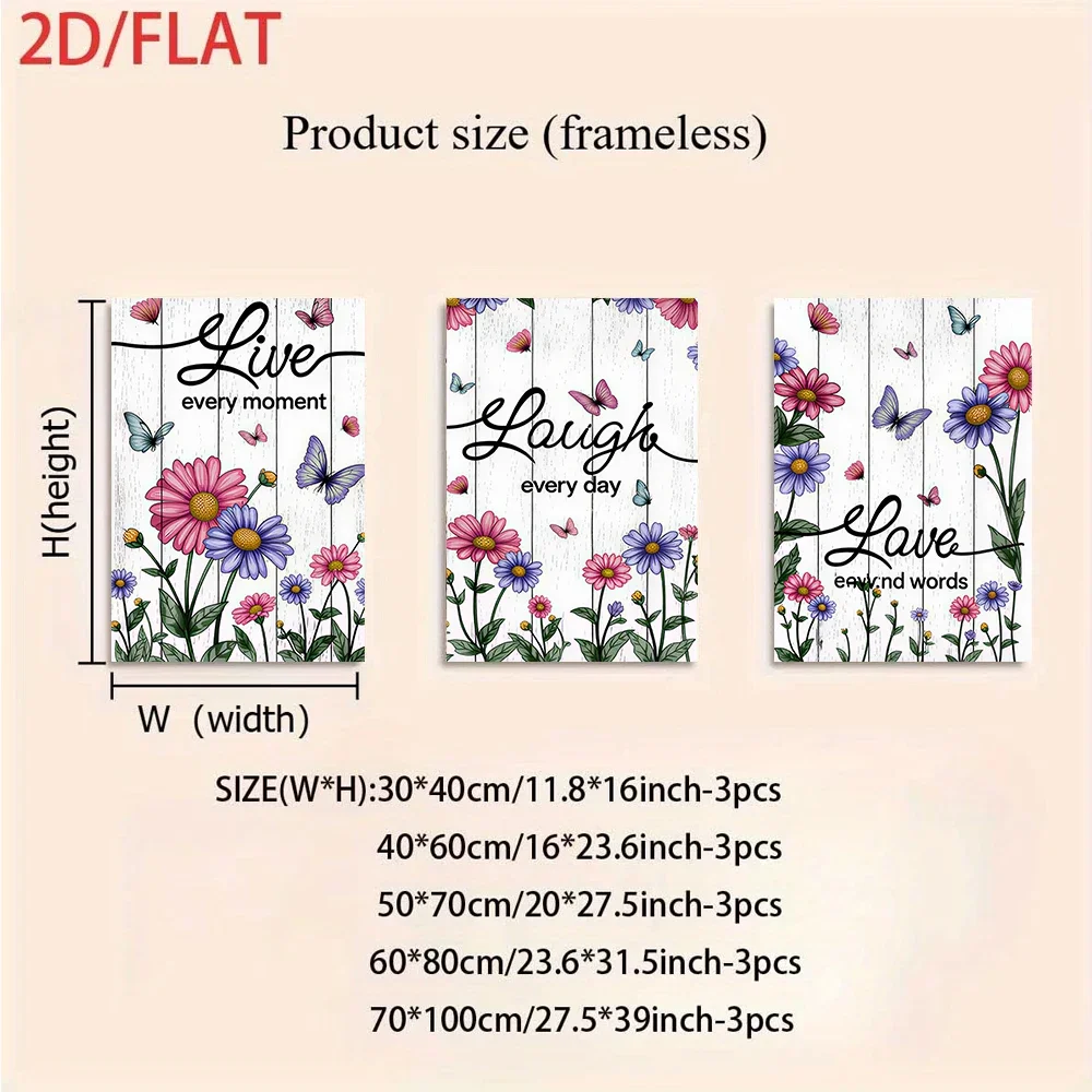 Multiple sizes 3pcs frameless Canvas Painting three frameless decorative paintings with a wooden background and floral and butte