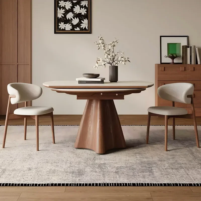 Extendable Sintered Stone Top Round Dining Table Wood Legs 6-Seater for Small Apartment Modern Simple Dual-use Folding