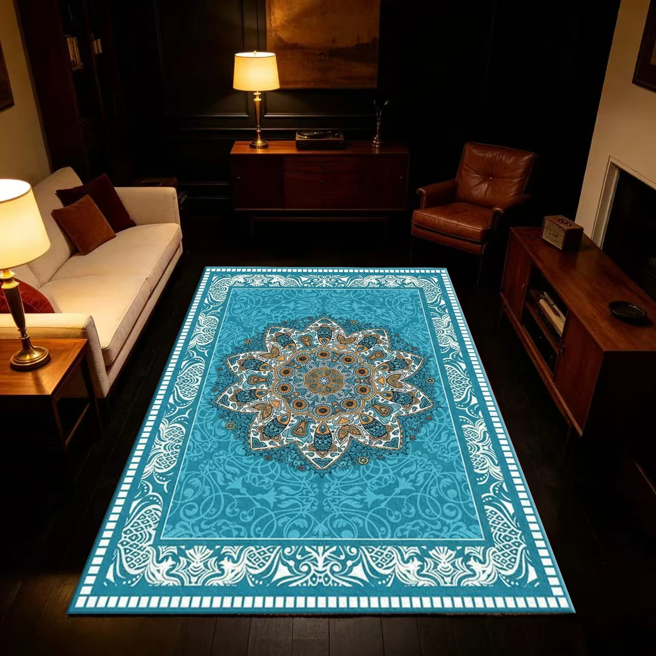 Teal Blue Mandala Square Area Rug Bohemian Floral Ornate Printed Floor Carpet for Living Room Bedroom Home Decor