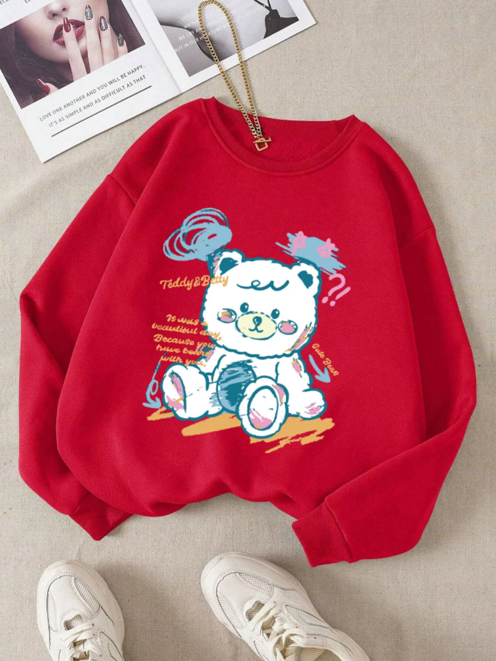 

Cute Bear Sweatshirt Womens Cartoons Printing Hoodie Crewneck Loose Fleece Warm Tops Winter Casual Comfortable Woman Clothes