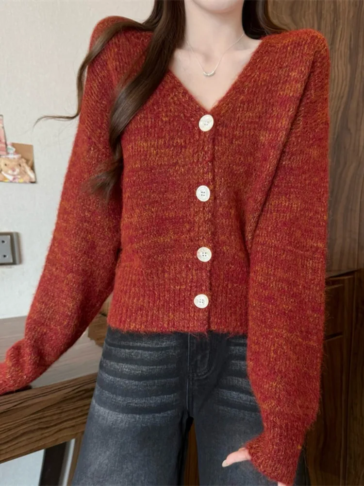 Thiened ort Sve V-Ne Mink Velvet Sweater Coat Women's Winter New Sle Red Cisas Thi Long Sve Knitted irt