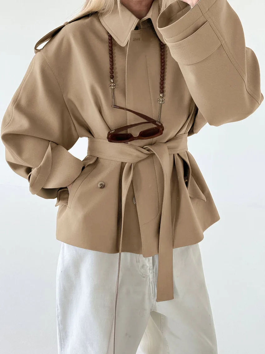 

Осенне-осенние модные пальто, женские однобортные однобортные куртки с лацканами и длинными рукавами, однотонные куртки с отложным воротником на шнуровке, новинка 2025 года, повседневные куртки