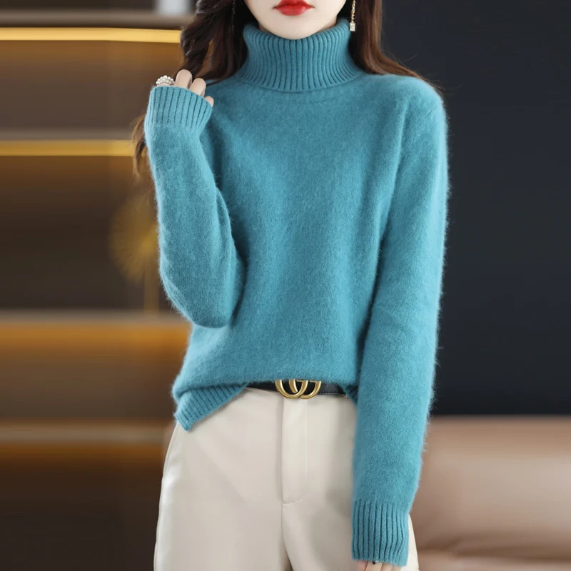 Autumn and winter new sweaters ladies thick 100% pure mink velvet solid color high collar long sleeve fashion split sweater