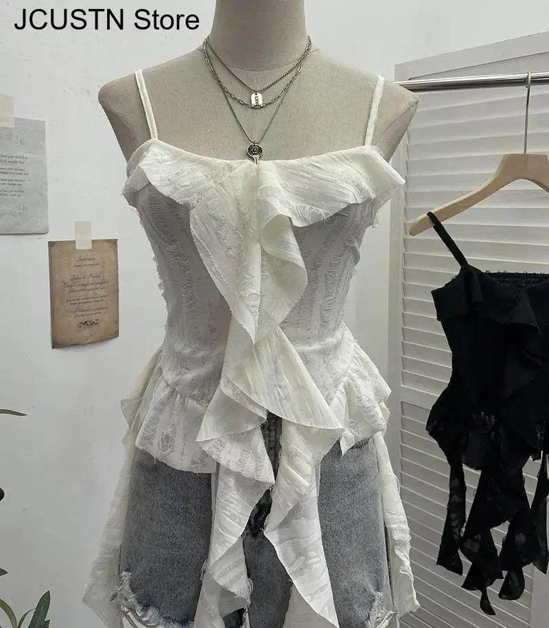 

Сексуальный топ с лямкой на шее Gyaru, белый милый топ Y2K, камзол с нерегулярными рюшами на бретельках, новинка лета 2021, асимметричные футболки, уличная одежда