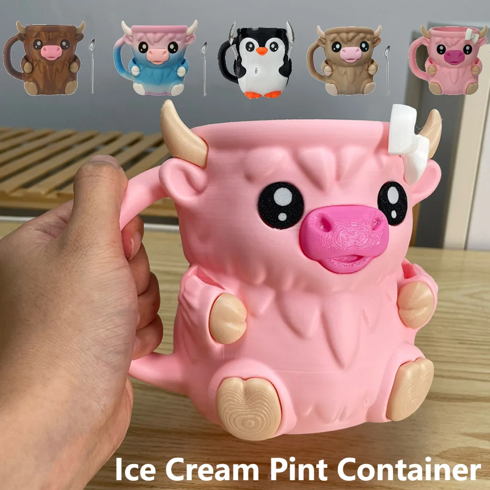 Cute Penguin Cow Ice Cream Pint Containers Reusable Beer Can Cup Sleeve Dual Slots Leak Proof with Spoon for Gather Party Picnic