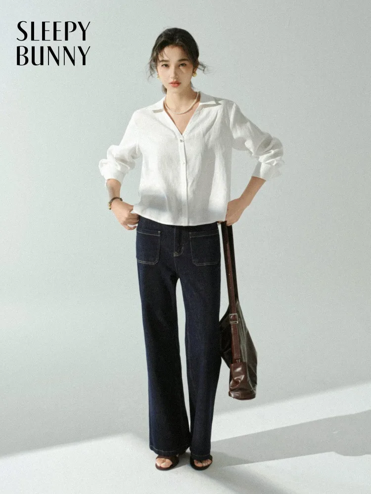 

Элегантная льняная блузка, белая рубашка с v-образным вырезом, облегающий повседневный топ с длинными рукавами для женщин, осенний офисный женский универсальный модный наряд