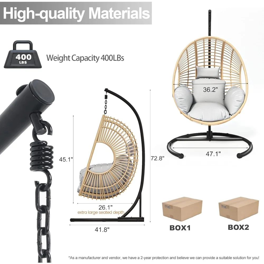 كرسي بيضة معلق مع حامل - كرسي أرجوحة البيض في الهواء الطلق داخلي فناء كرسي خوص أرجوحة كراسي البيض سعة 400 رطل لـ Ou